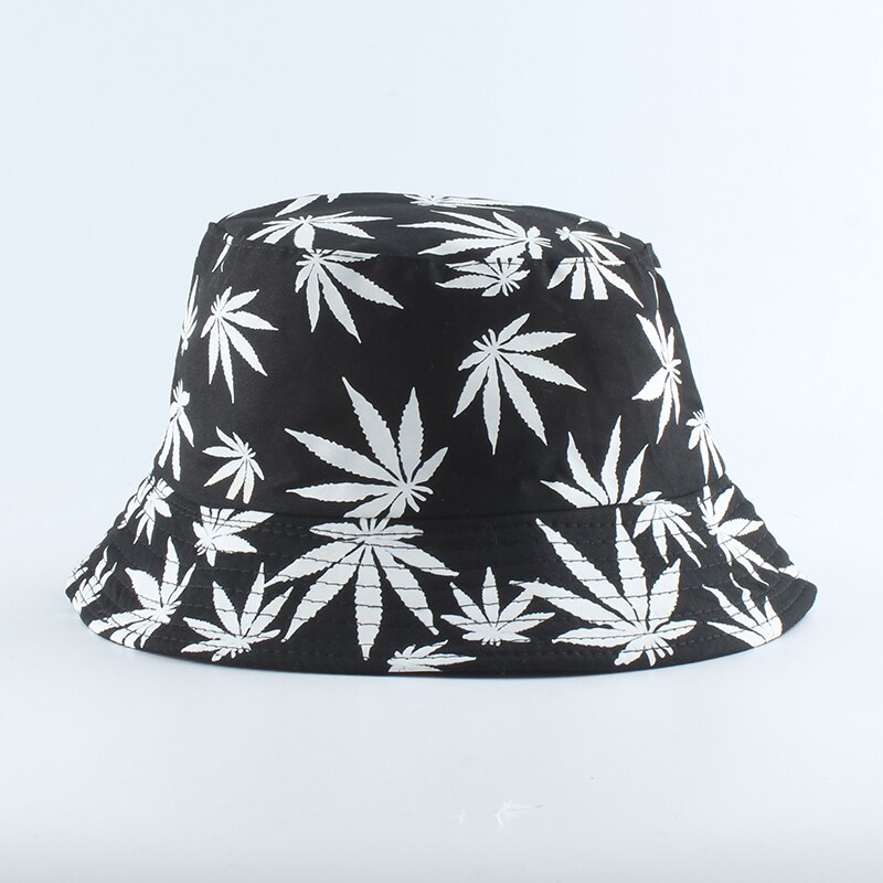 Hip hop grøn hvid sort blad print fiskeri hat panama spand hatte til mænd kvinder sommer bob vendbar spand cap: Sort med hvid
