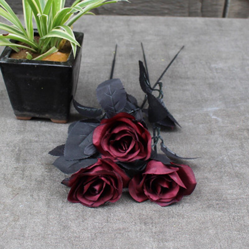 Bouquet Gothique Artificiel Halloween - Roses Noires Et Rouges - Décoration Sombre Pour Mariage, Fête Ou Intérieur