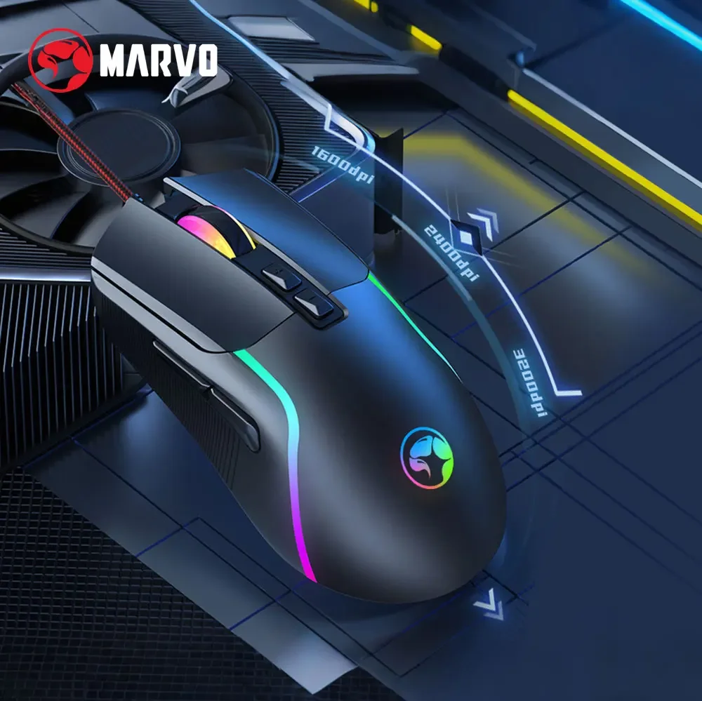 MARVO M292 CAPO 20 Wired Right Hand E-sports Mouse 7 Buttons Mixed Backlit 603FP Chip 8000DPI High Precision Gaming Mouse For PC