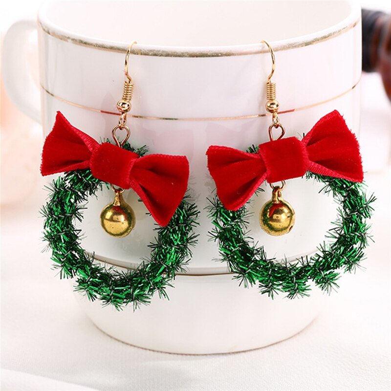Christmas Wreath Dangle Earrings Jingle Bell Red Bow Women Christmas Earrings Year For Women