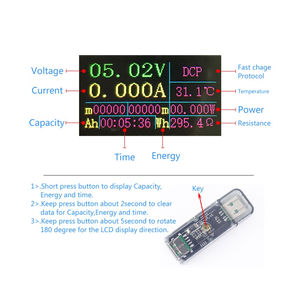 DC 5V USB Multi-function Voltmeter Ammeter Meter LCD Battery Capacity Tester Power Tester Temperature Display Current Meters