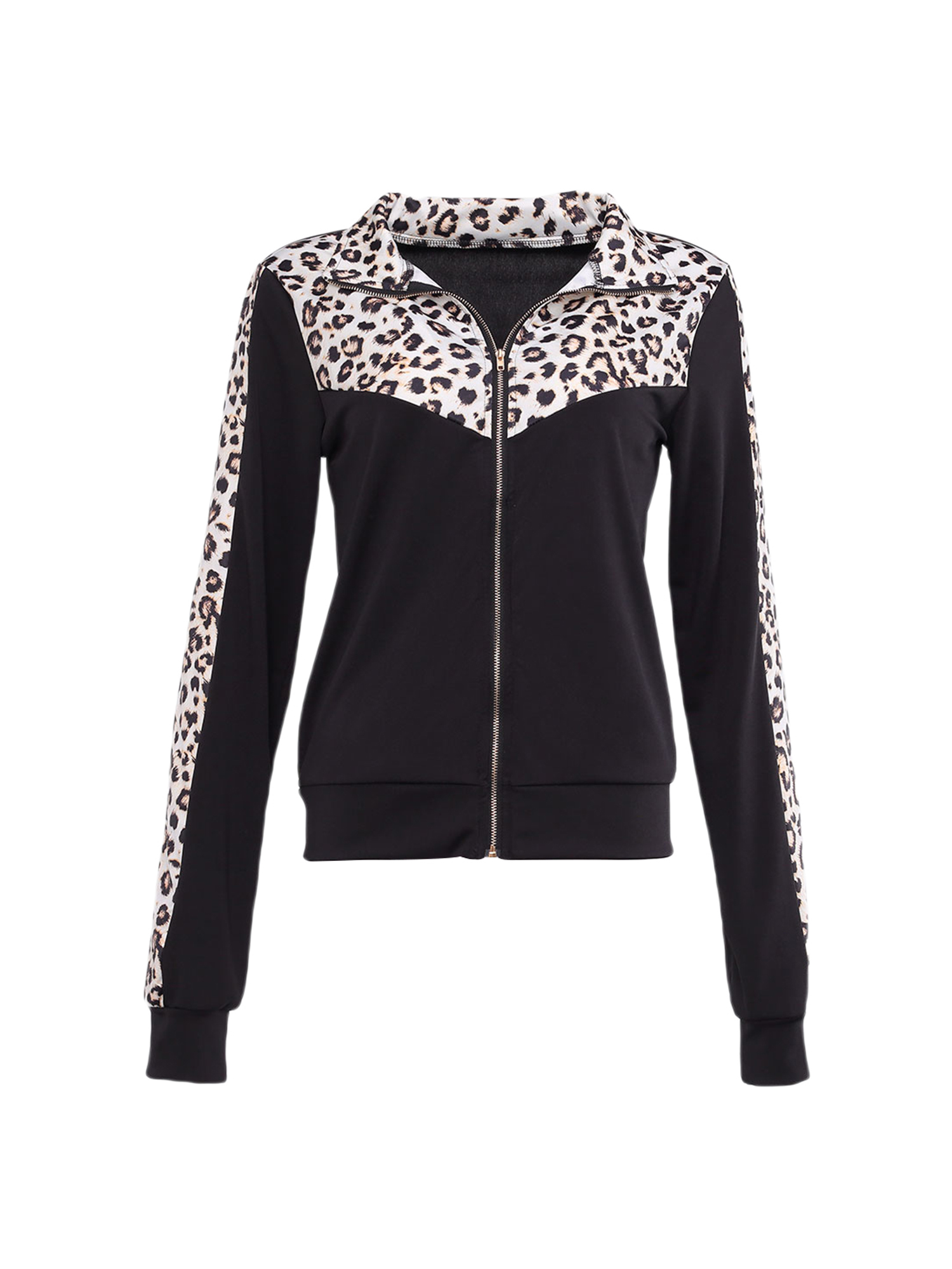 Casual damespak met luipaardprint, bestaande uit een vest met lange mouwen, opstaande kraag en ritssluiting, en een nauwsluitende, elastische sportbroek.