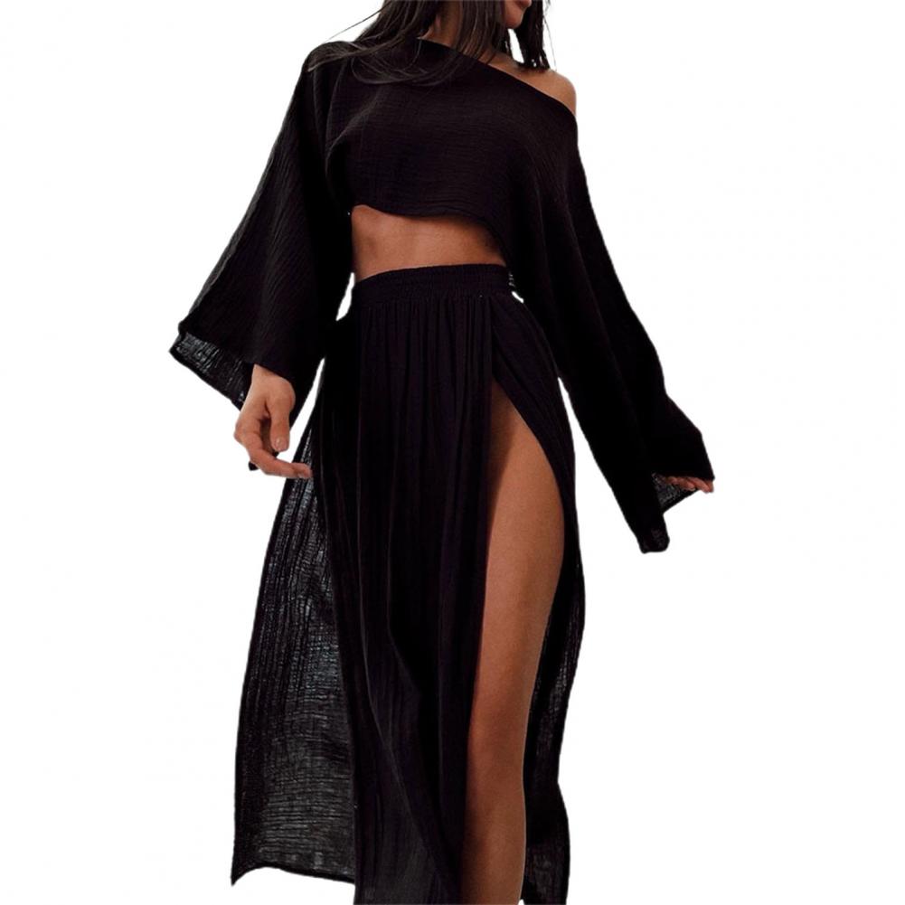 2 Teile/satz Frauen Crop Top Rock Set Schräg Hals Kurze Top Split Rock Strand Bikini Coverup Club Party Top Röcke Setnostice: L / Rot