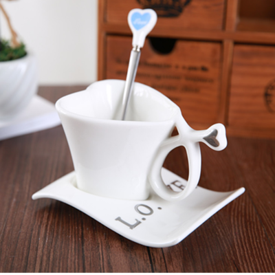 LOVE Heart Shape Lover Coffee Mug Ceramic Milk Mug with Plate Couple's Morning Tea Cup Office Water Cup for Girls: C 1