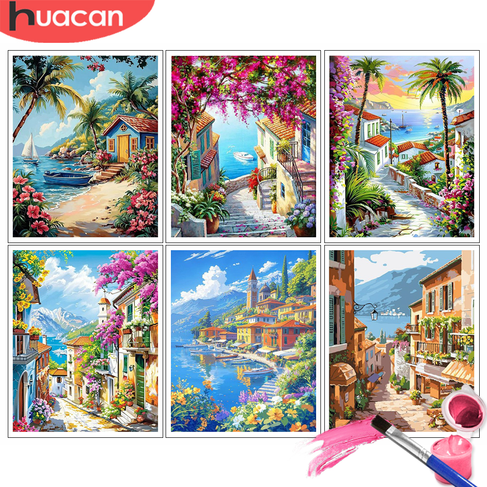 Schilderen op nummer Kits Italiaanse kuststadscène Artistieke achtergrond Digitaal olieverfschilderij Landschap Kleuren Artcraft Handverf