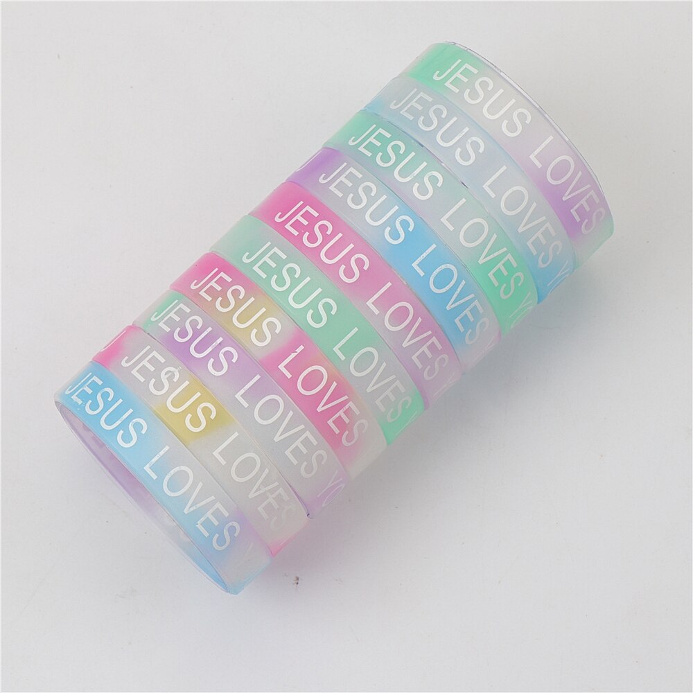 10 pz/lotto moda uomo Silicone bagliore notturno polsino luminoso braccialetti dell'amicizia gioielli per le donne Mix Style Club regali per feste: JESUS LOVE YOU
