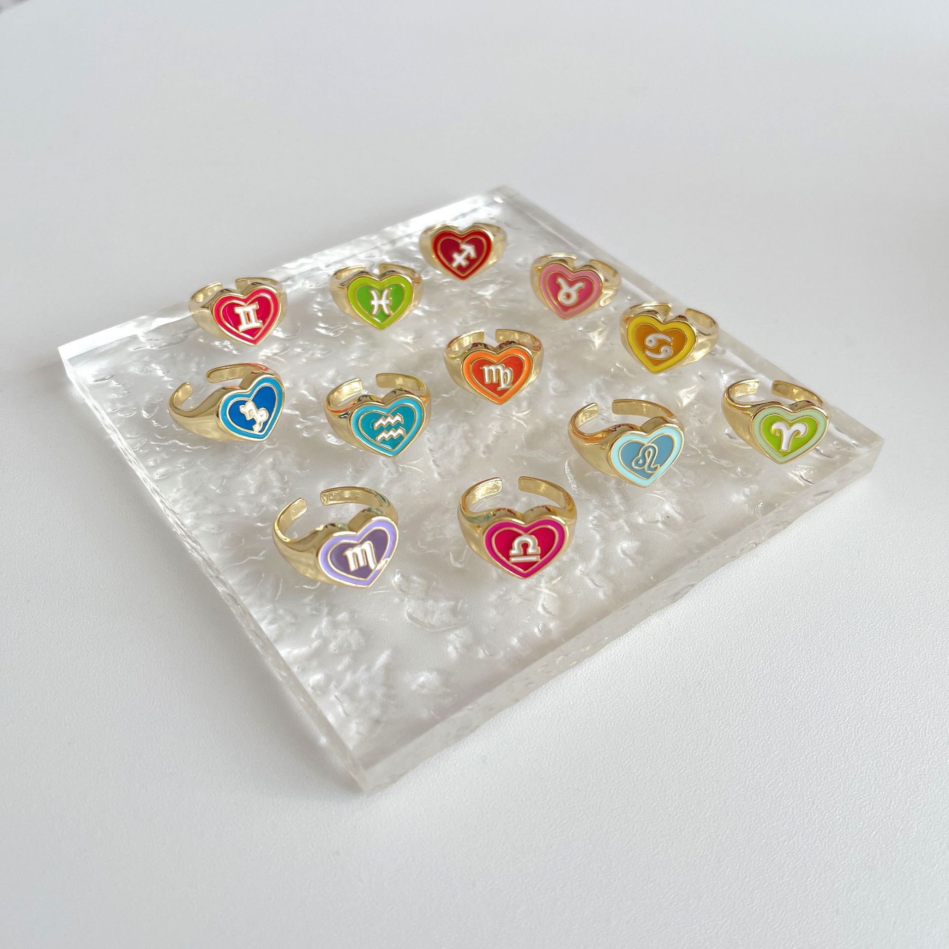 12 Constellation Liefde Ringen Voor Vrouwen Statement Epoxy Dubbele Hart Open Ring Meisje Olie Eenvoudige Ins Ring Party sieraden