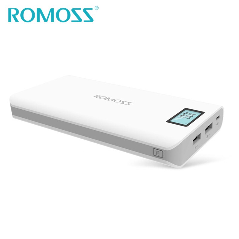 Romoss power bank 20000 mah sense 6 plus 18650 eksternt batteri backup power 2 usb output telefon oplader