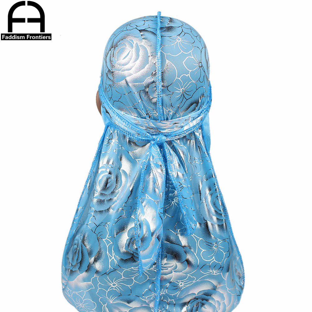 Turbante con estampado personalizado para hombre, Bandanas con estampado de rosas, correas largas de seda, accesorios para el cabello: Azul