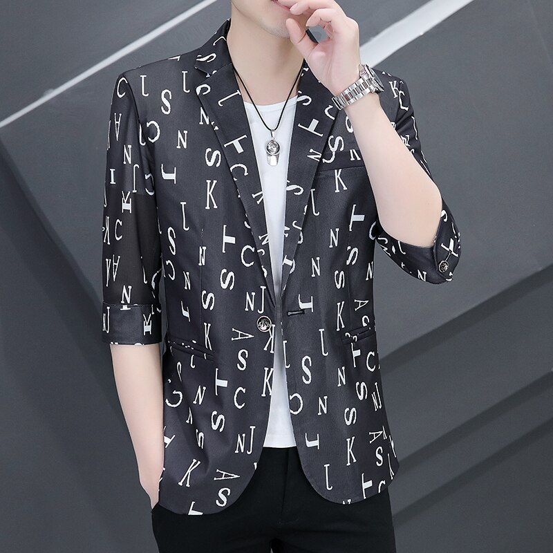 2022 Summer Letter Printed Men Blazers 3/4 Sleeve Casual Suit Jacket Wedding Business Social Dress Coat Casual Slim Blazer: black / XXXL
