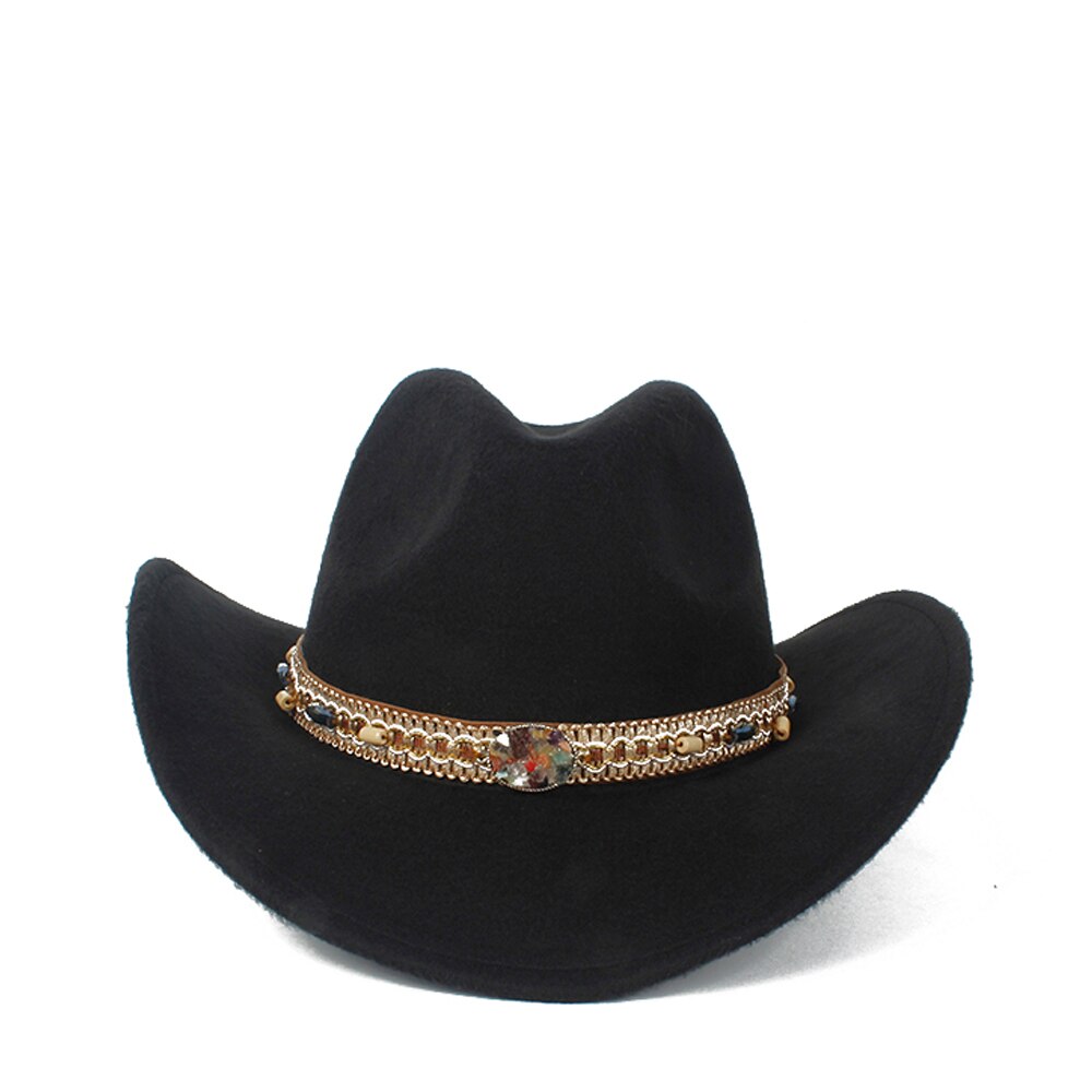 Sombrero de lana ahuecado para hombres y mujeres, Sombrero de cowboy del Oeste, ala enrollable para mujer, Sombrero negro para Hombre, gorra de Jazz, talla 56-58