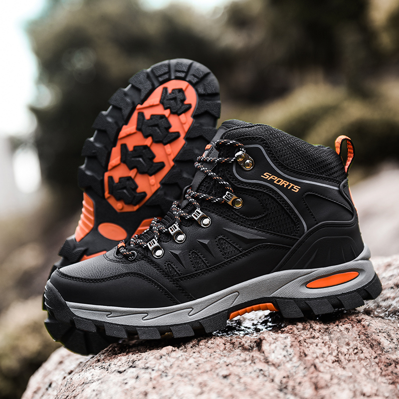 Botas de senderismo de para hombre, zapatos de Trekking de otoño e invierno, botas de cuero impermeables, botas de escalada antideslizantes para exteriores para hombre y mujer, talla 46: Negro / 43