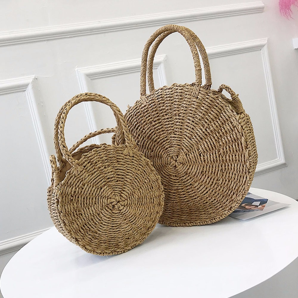 Bolso redondo de paja para mujer, tejida a mano bandolera de mimbre, para la playa,