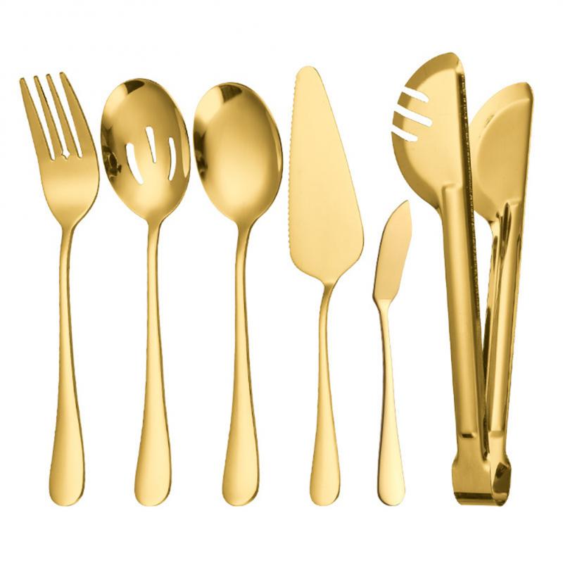 Cutlery Set Stainless Steel Food Tongs Meal Spoon Slotted Spoon Soup Spoon Dessert Fork Shovel Food Tongs Colander: 6pcs golden