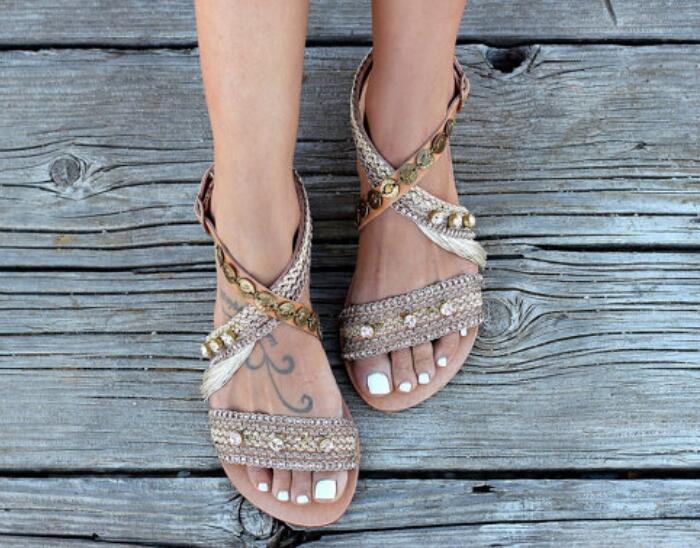 LZJ vintage woman sandals girls summer shoes flats rome tassel srystal sandalias mujer beach lady casual chaussures femme ete