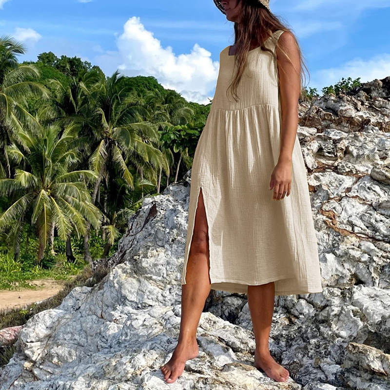 Nieuw 100% Katoen Gaas Jurk Voor Vrouwen 2023 Vierkante Kraag Mouwloos Open Side Lange Jurk Zomer Comfortabele Strand Outfit