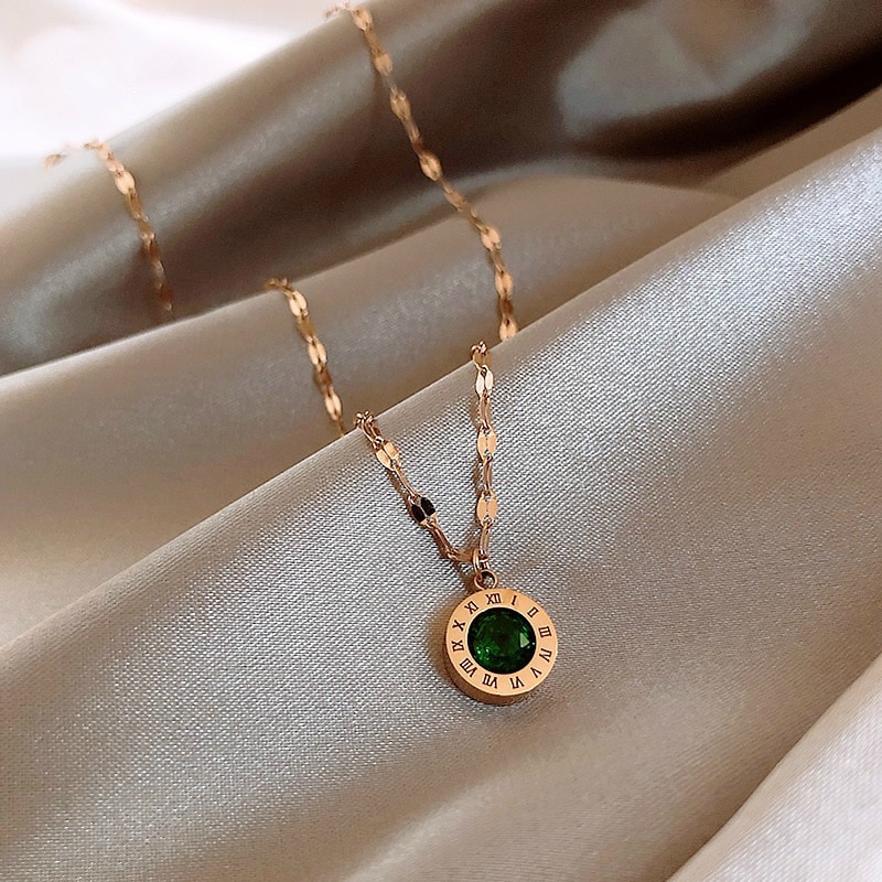 Korean Luxury Green Zircon Titanium Steel Necklace Women Personality Roman Numeral Clavicle Chain Temperament Sweater Chain