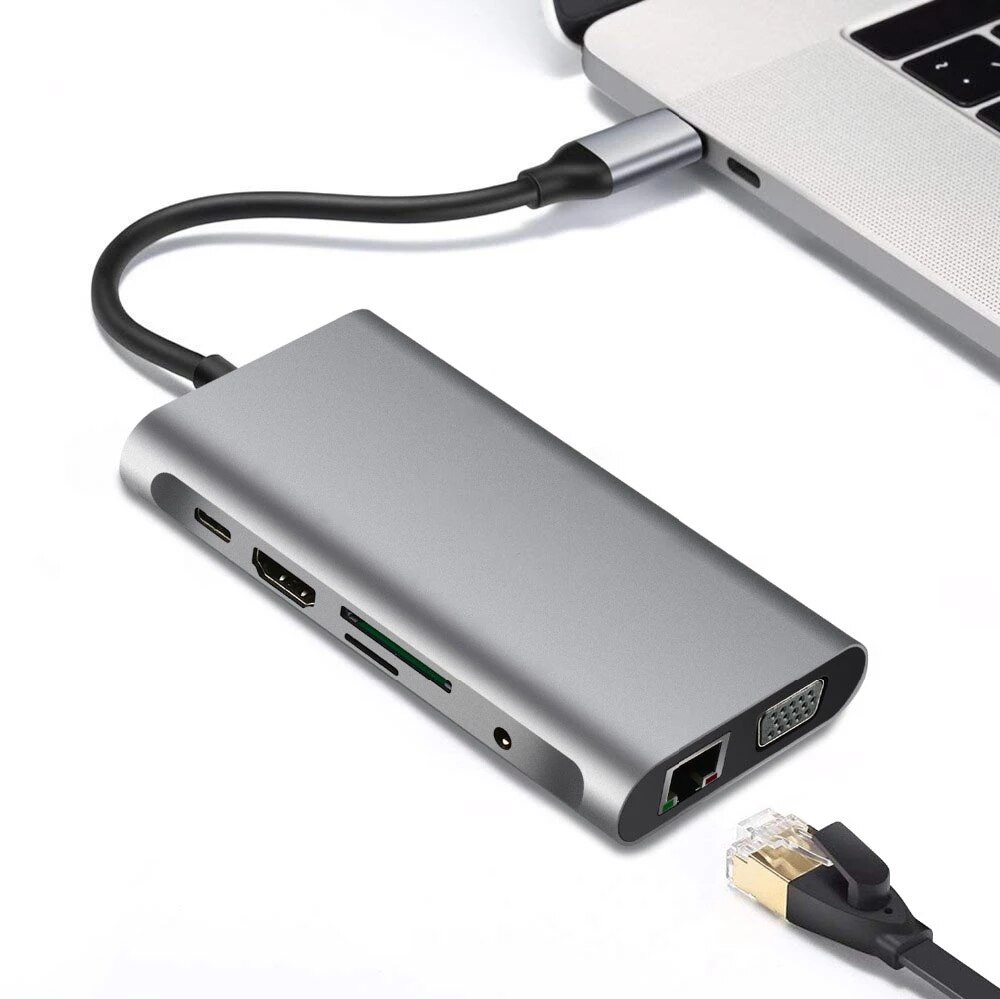 USB C Hub Docking Bahnhof 10 in 1 Typ C Adapter zu USB 3,0 4K HDMI-kompatibel VGA RJ45 Konverter für Macbook Profi Huawei Samsung