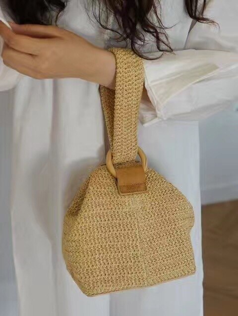 Kvinner jente håndvevd rotting veske halm vevd veske håndlaget crossbody veske bohemia stil strand sirkel sommer strandsekker: Blå