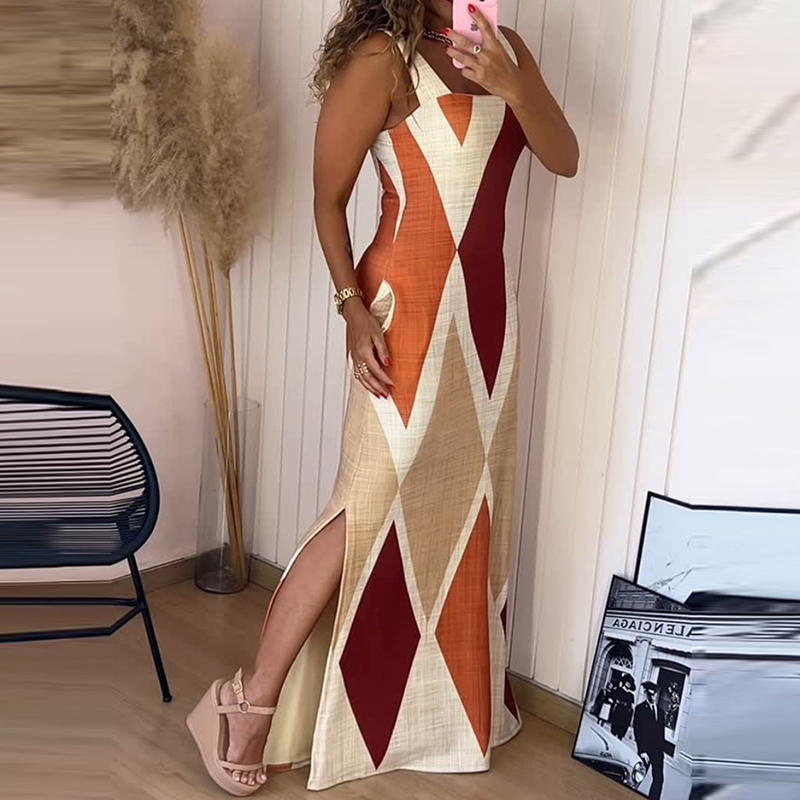 Novo verão lado fenda commute vestido feminino chique suspender geometria impressão vestido longo primavera elegante gola quadrada magro vestido de festa