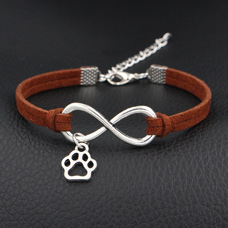 Cute Mini Dog Paw Prints Charms Bracelet Antique Silver Color Love Infinity Leather Bracelets For Women Jewelry: Coffee