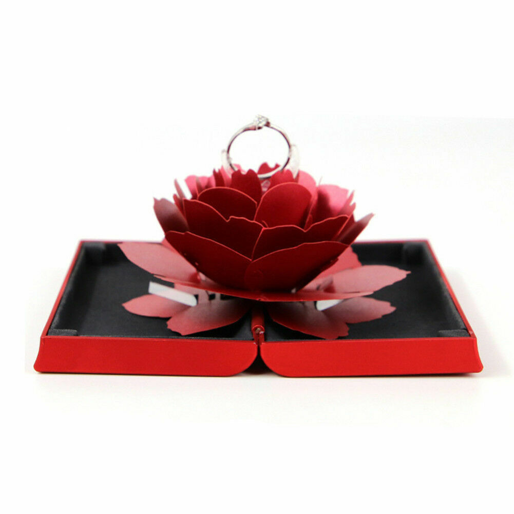 3d pop-up rozen ringdoosjes, opvouwbaar, draaibaar rozen ringdoosje, verjaardag, valentijnsdag, bruiloft, verloving, sieraden display dozen: Rode doos rode roos