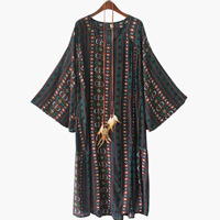 The mast size women trumpet sleeves Thailand long skirts long loose fork plus dresses in summer in Bohemia: green / XL