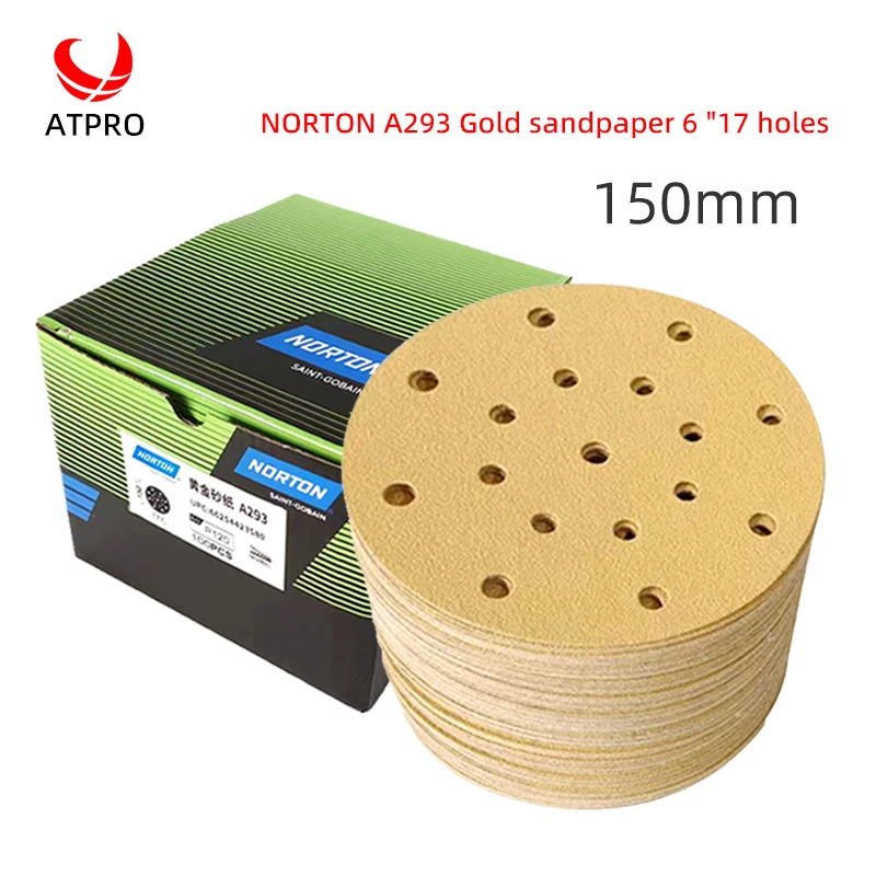 Norton  a293 guld sandpapir 6- tommer 17-- huls tørt sandpapir 150mm flokking rund bilspartel træslibning flis sandpapir 80-500 korn