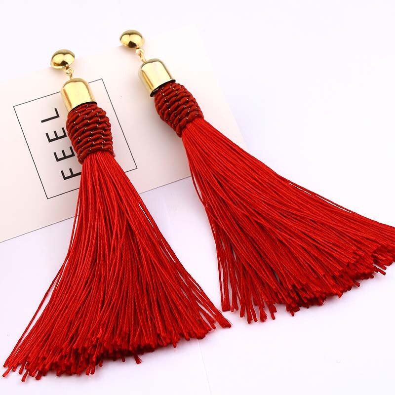 Bohemian Lange Tassel Dangle Oorbellen Voor Vrouwen Rood Zwart Zijde Verklaring Oorbel Etnische Mode-sieraden: EA086-04