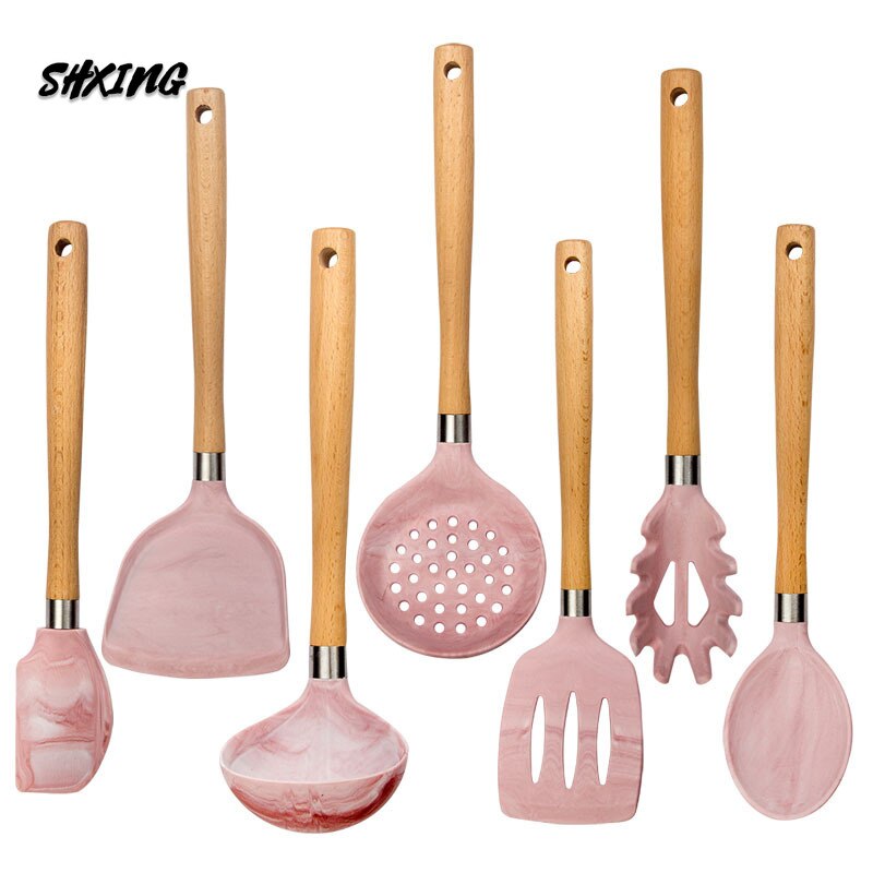Silicone Kitchenware Cooking Accessories Set Hanging Hole Storage Stand Non-stick Cookware Spatula 7 Piece Set