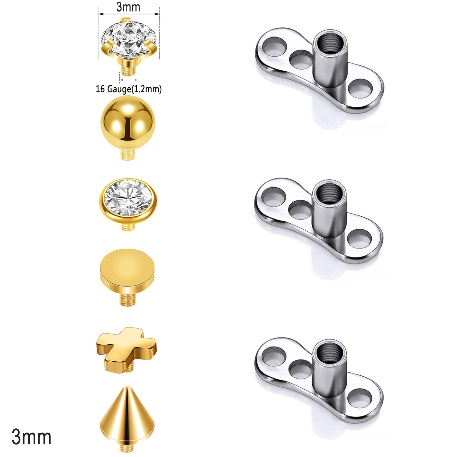 ZS 1 Set 2.5/3/4MM CZ Crystal Micro Dermal Piercing Men Women Stainless Steel Dermal Anchor Surface Piercings Opal Skin Diver: ROSE GOLD COLOR