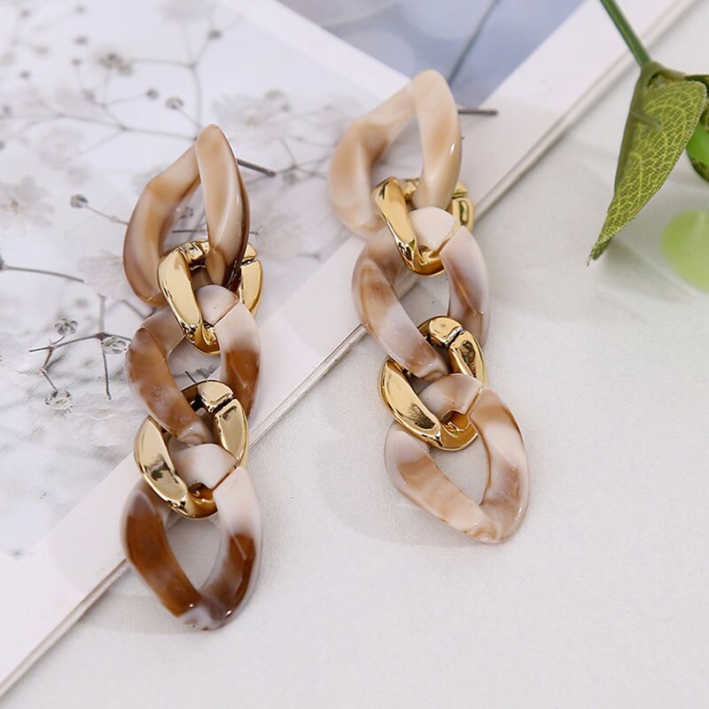 Trendy Long Chain Acrylic Vintage Earrings For Women Geometric Brown Resin Statement Earring Retro Jewelry: E909-1