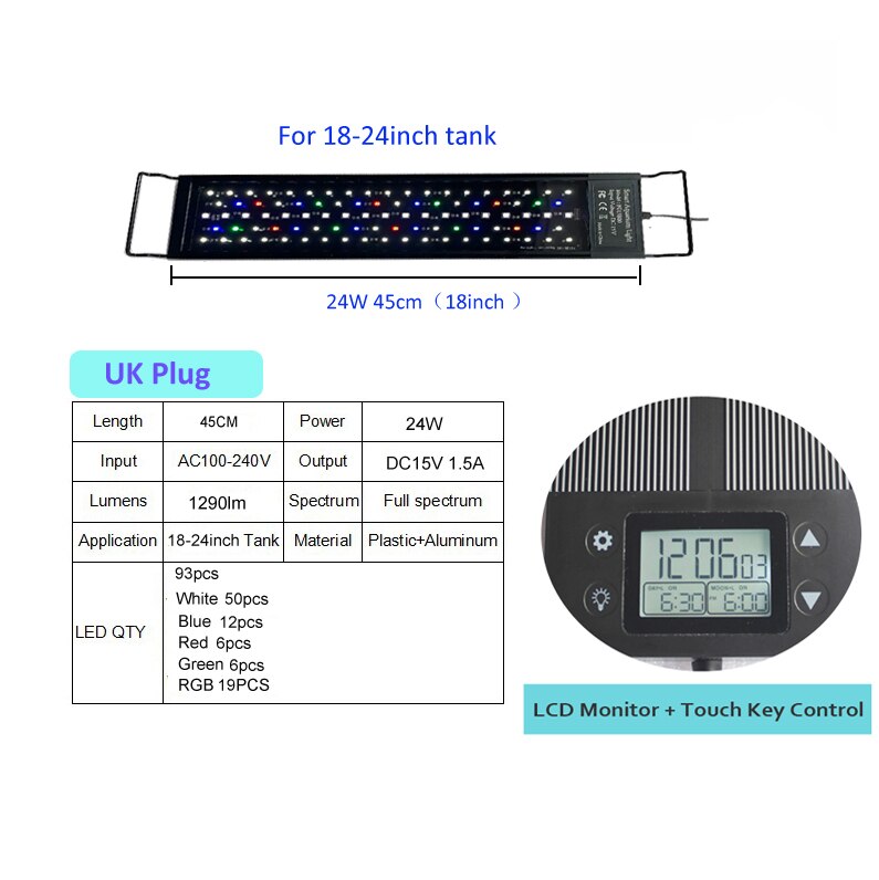 12inch-18-24inch Waterdichte Programma 8 Kleuren Auto On Off Volledige Spectrum Led Aquarium Lichtpunt Voor Zoetwater Geplant Tank: 24W 18inch C138 UK