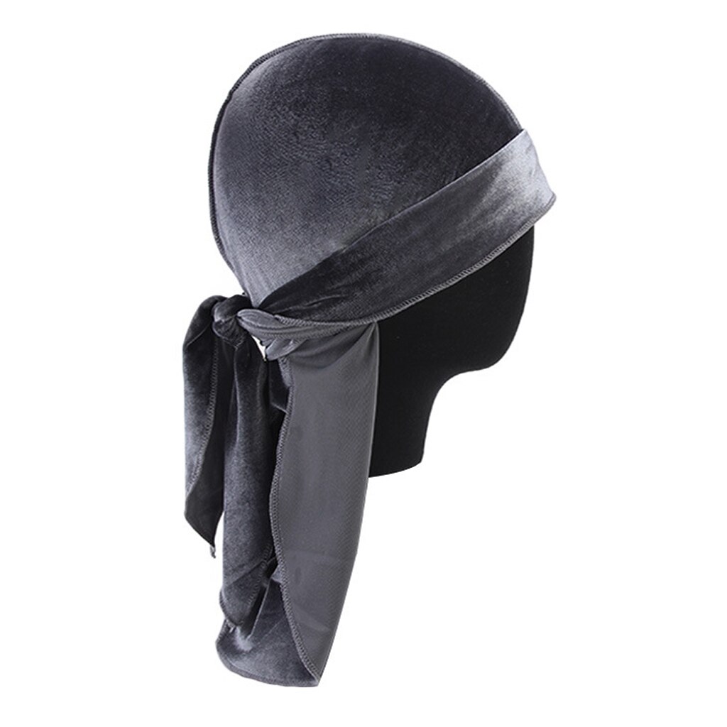 Women Men Long Tail Plain Velvet Bandana Turban Hat Durag Headwear Pirate Cap Head Wraps: Grey