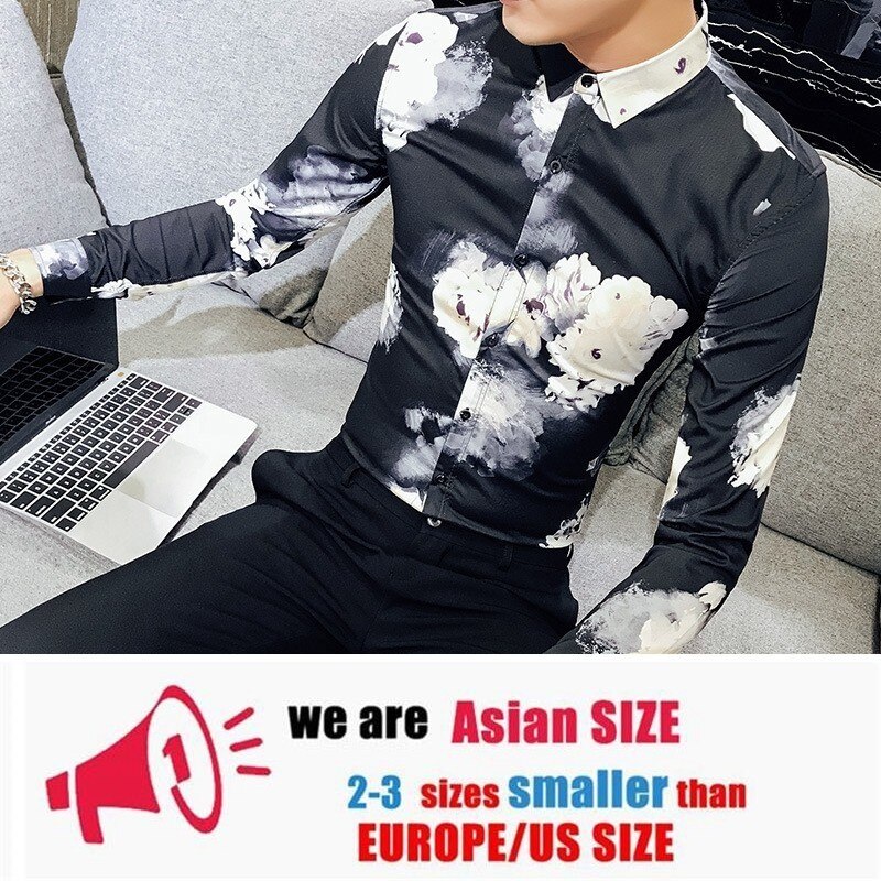 Primavera impresión coreana marea auto-cultivo camisa de manga larga de confort Casual camisetas de camisas masculina: black / XL