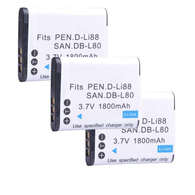 1800mAh DB-L80 D-Li88 Battery for Pentax Optio P70, P80, W90, WS80, for Panasonic HXDC1, DC2, for Sanyo Xacti VPC-CA100, CA102: 3x Battery