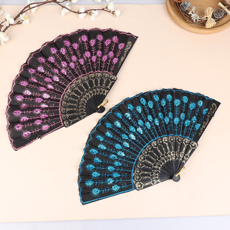Silk Fan Folding Fan Wedding Art Peacock Sequin Dancing Fan Hand Held Fan