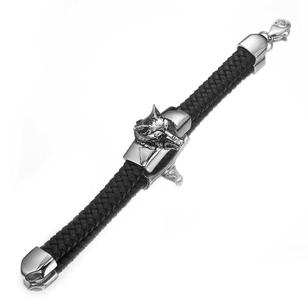 Vintage bijoux hommes garçons argent/or acier inoxydable breloque Animal loup tête Bracelet en cuir noir Bracelet Bracelet 15mm * 21cm