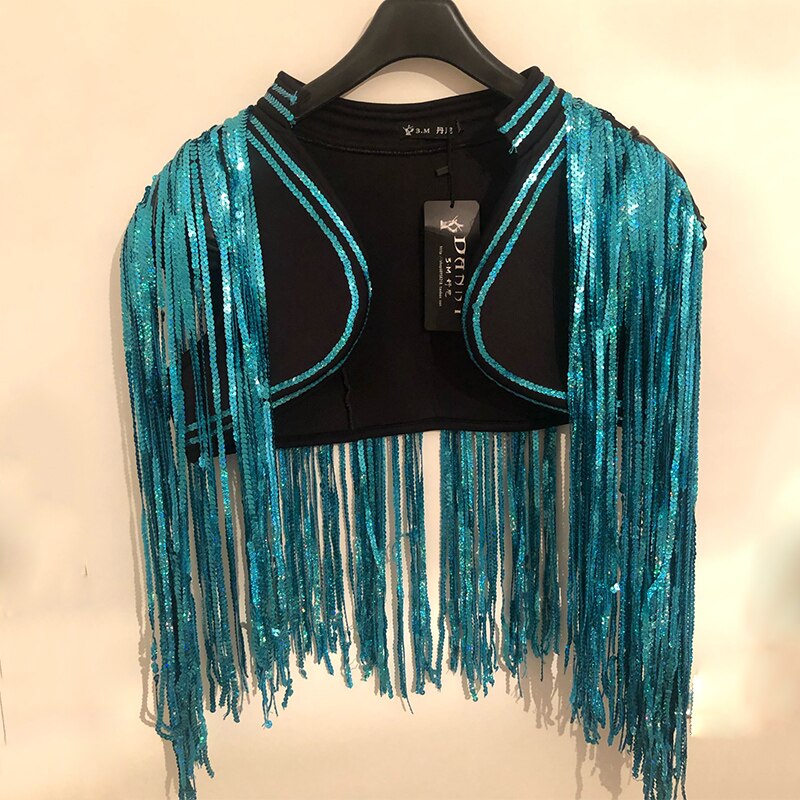 Beyonce Bar Singer DS Costume Men&#39;S Flash Drill Super Long Fringe Tassel Vest Jacket Men Rave Clothes Jazz Sequin Tops DNV10064