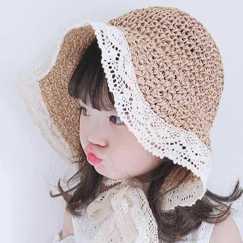Sun hat girl foldable beach hat travel sunscreen lace lace adjustable summer straw cap child visors hat SL-06: child 2