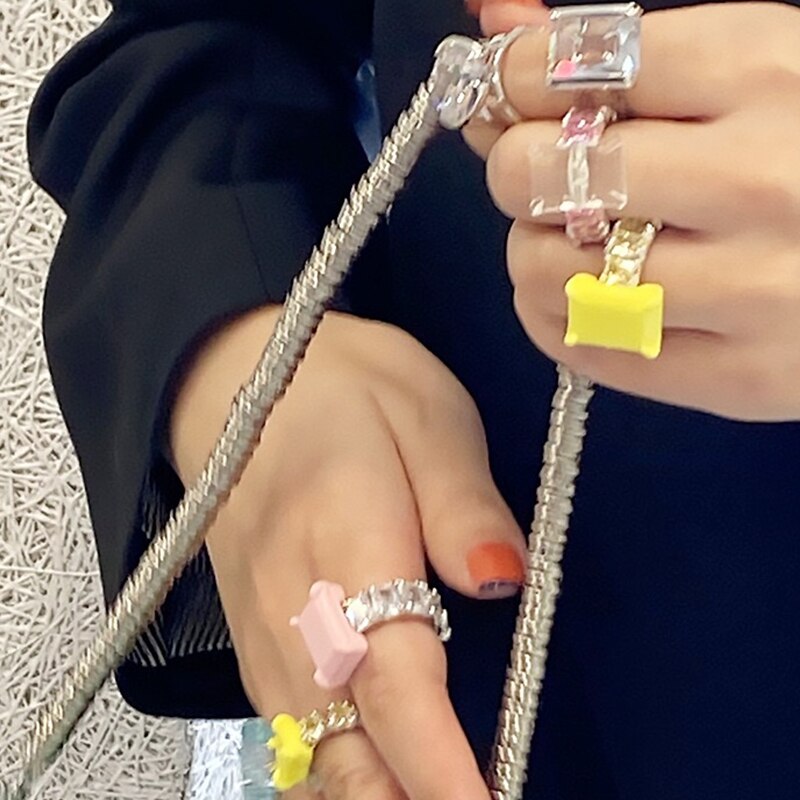 Huanzhi retro firkantet maling ring slik farve zirkon rhinestone uregelmæssig emalje glasur ring til kvinder piger smykker