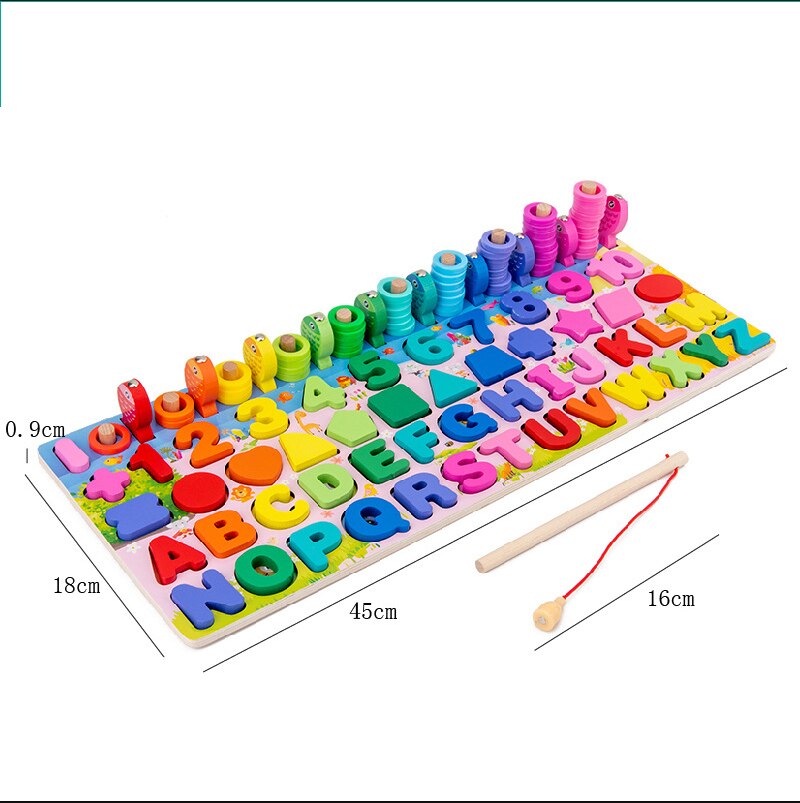 Wooden Montessori Magnetic Puzzle Educational Toy Early Education Shape Color Math Matching Log Board Fishing Puzzle Counting: Six letters in one