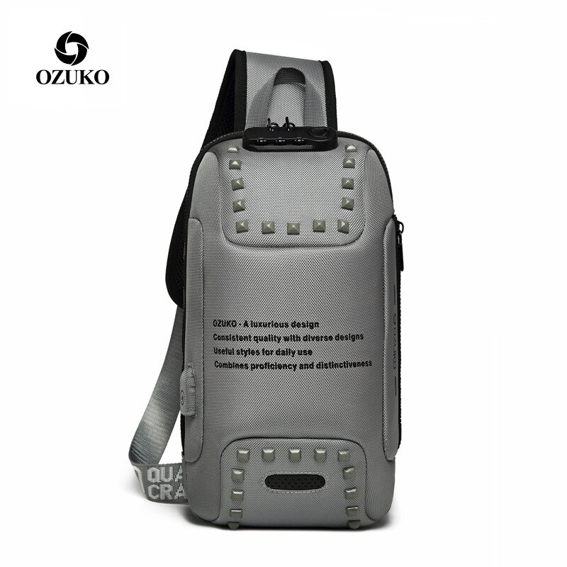 Brand Sling Waterproof Rivet Men Chest Bags Anti Theft Password Lock USB Charging Port Women Shoulder Bag Reflective: Dark Gray