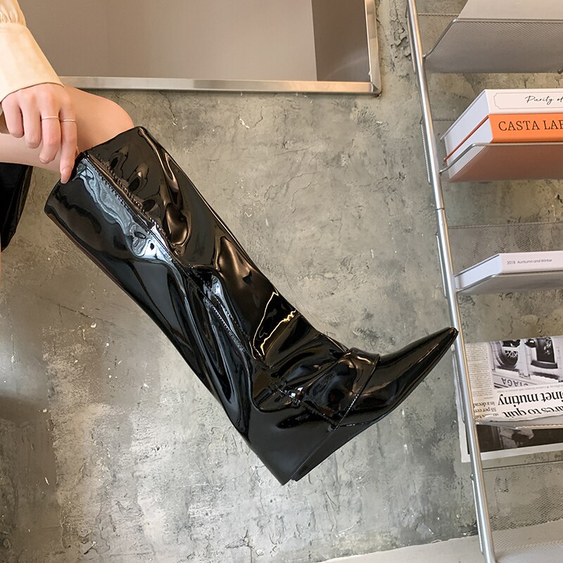 Frauen Keil Stiefel Schwarz Falten Knie Hohe Ferse Stiefel Spitz Lange Stiefel Weibliche Keile Ferse stiefel Damen Schuhe neue