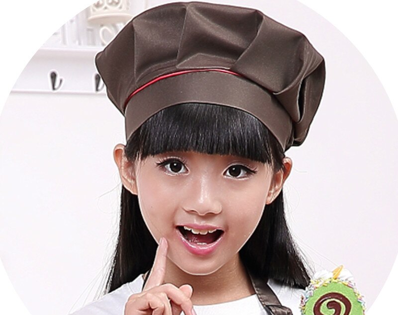 Kid Chef Hat Children's Baking Hat Cute Girls Boys Food Service Kitchen Work Caps Solid Pleated Top Painting Hats: Brown