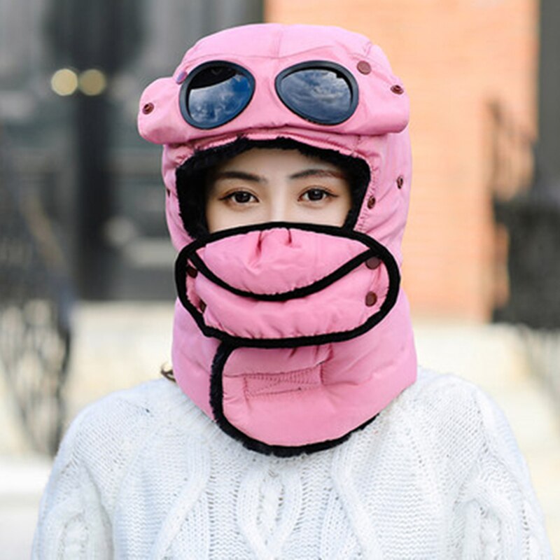 Winter Warme Muts Met Bril Multifunctionele Lei Feng Hoed Koude-Proof Plus Fleece Hat Riding Warm Katoenen Muts Winddicht nek Hoed: women pink