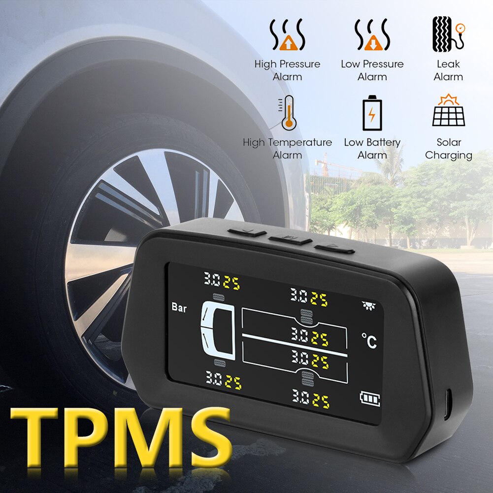 Solar Wireless TPMS Car Tire Pressure LCD Monitoring System 4 External Sensors 14 * 24mm As Shown