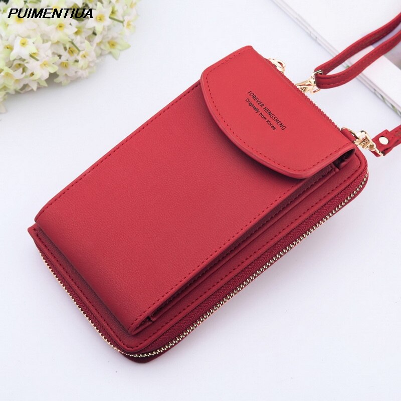 Puimentiua Women Wallet Pu Leather Shoulder Straps Shoulder Bag Mobile Phone Big Card Holders Wallet Handbag Pockets Girls: Dark Red