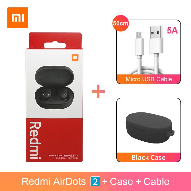 Xiaomi Redmi Airdots 2 Airdots S TWS Bluetooth 5.0 Earphone Stereo bass With Mic Handsfree Earbuds AI Control: Cable Black Case