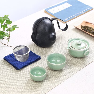Service à thé de voyage | Four japonais, changement rapide de tasse, une théière, deux tasses, étui de transport en plein air, théière kungfu en céramique: 3